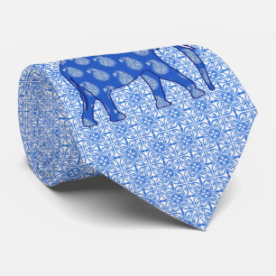 Paisley elephant - koboltblått och vitt slips