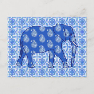 Paisley elephant - koboltblått och vitt vykort