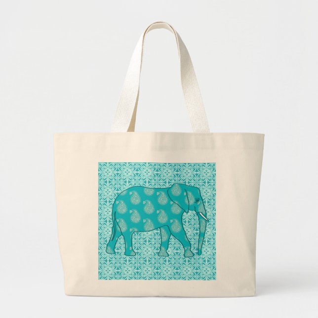 Paisley elephant - turkos och aqua jumbo tygkasse (Framsidan)
