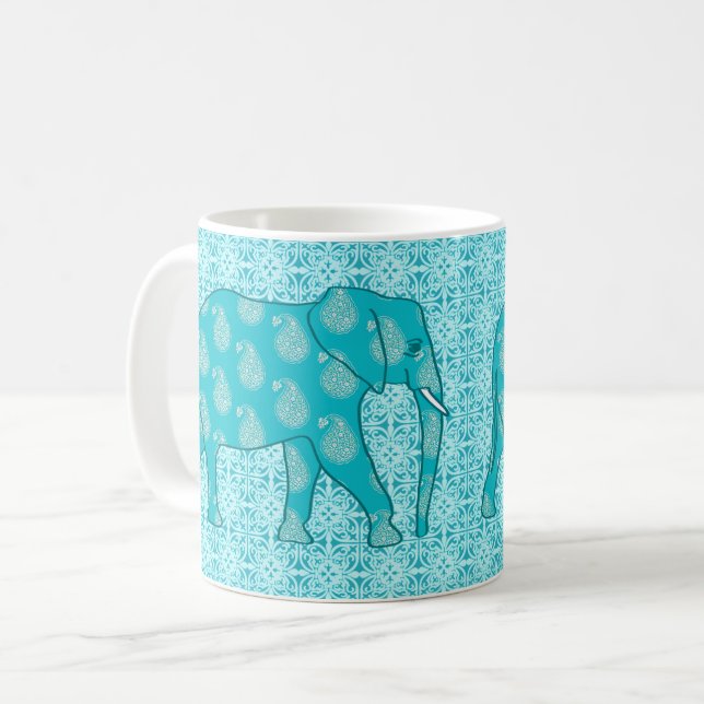 Paisley elephant - turkos och aqua kaffemugg (Framsida vänster)