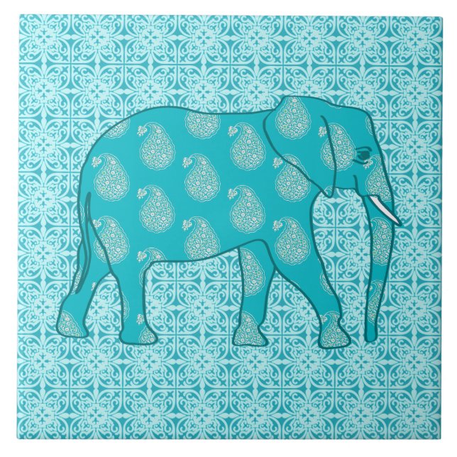 Paisley elephant - turkos och aqua kakelplatta (Framsidan)