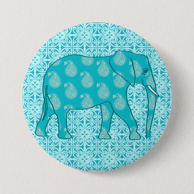 Paisley elephant - turkos och aqua knapp (Framsida)