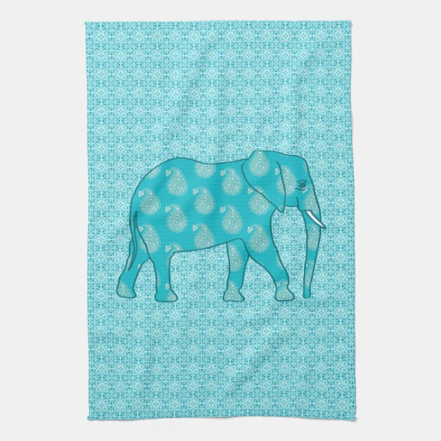 Paisley elephant - turkos och aqua kökshandduk (Vertikal)