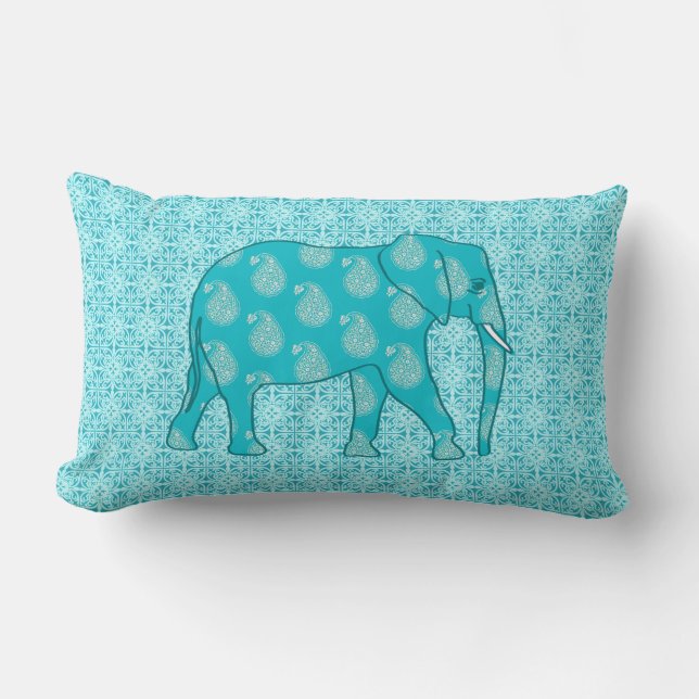 Paisley elephant - turkos och aqua lumbarkudde (Framsida)