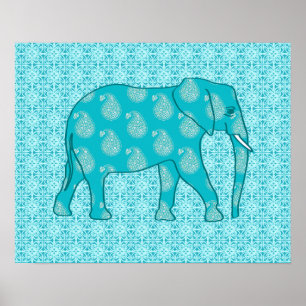 Paisley elephant - turkos och aqua poster