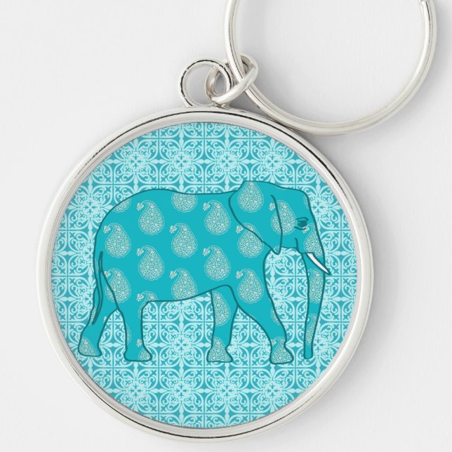 Paisley elephant - turkos och aqua rund silverfärgad nyckelring (Framsidan)