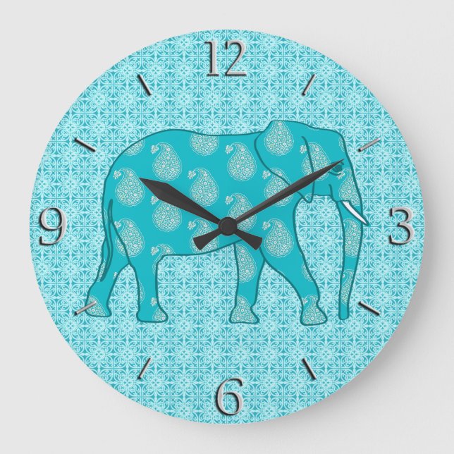 Paisley elephant - turkos och aqua stor klocka (Framsida)