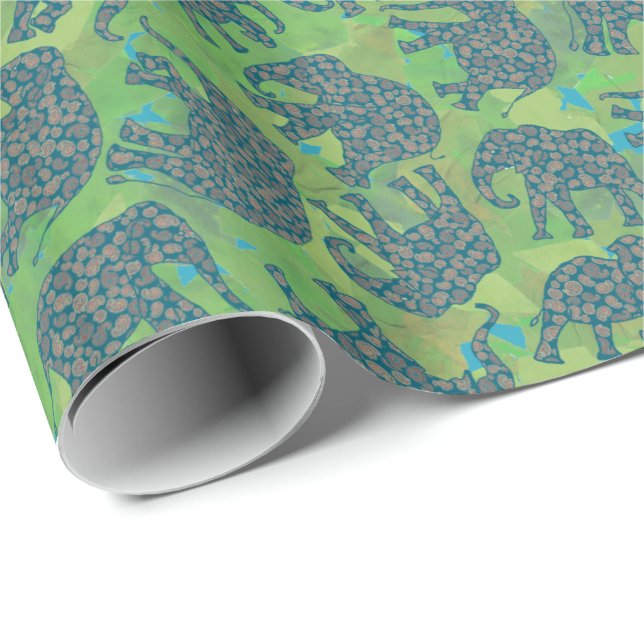 Paisley Elephants, Jungle Grönt Lövs Giftwrap Presentpapper (Rullad Hörn)