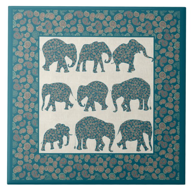 Paisley Elephants on Beige and Gräns Ceramic Tile Kakelplatta (Framsidan)