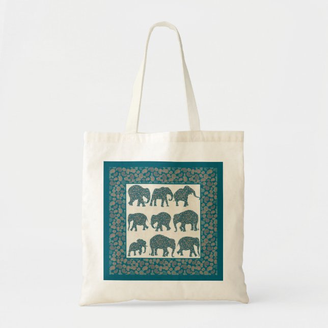 Paisley Elephants on Beige med Gräns Tote Bag Tygkasse (Framsidan)