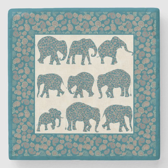 Paisley Elephants på Beige och Gräns Underlägg (Framsidan)
