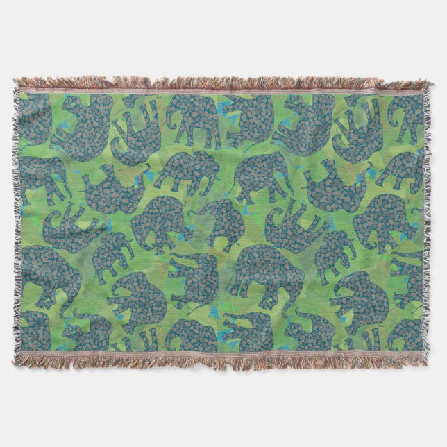 Paisley Elephants på Grönt Löv Throw Blanket Mysfilt (Framsidan)