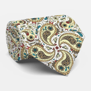 Paisley-fåglar i gult/brunt och vitt slips