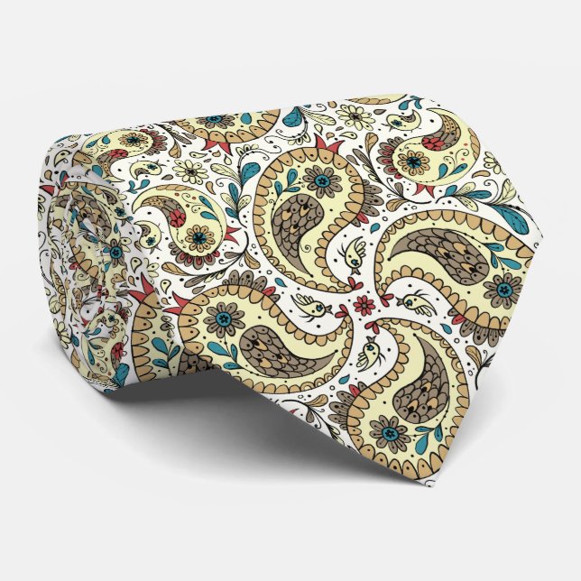 Paisley-fåglar i gult/brunt och vitt slips (Rullad)