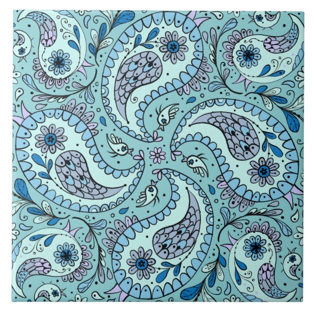 Paisley-fåglar på baby blue kakelplatta (Framsidan)