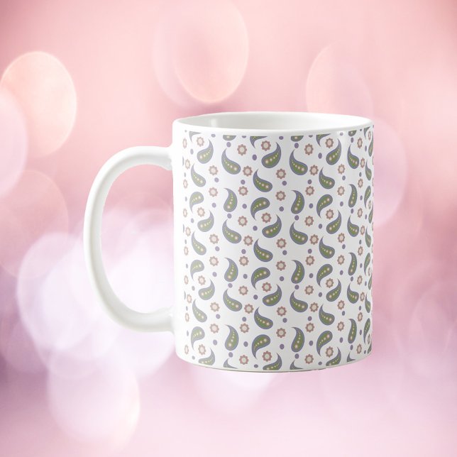 Paisley Flowers Dots Grönt Ro Lila Kaffemugg (A mug with a paisley, flower and polka dot pattern done in purple, green, pink and blue)