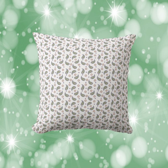 Paisley Flowers Dots Grönt Ro Lila Mönster Kudde (A throw pillow with a pattern of paisley, flowers and polka dots done in green, pink, purple & blue.)
