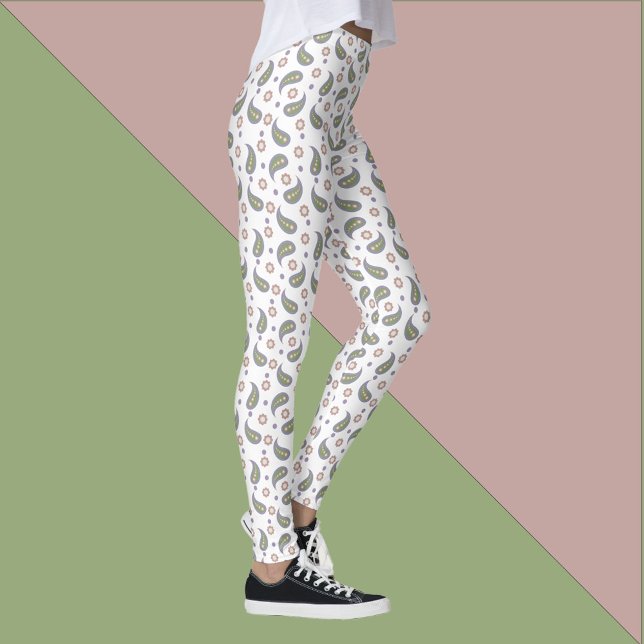 Paisley Flowers Dots Grönt Rosa Lila  Leggings (A pair of leggings with a pink, green and purple pattern of paisley, flowers & dots.)