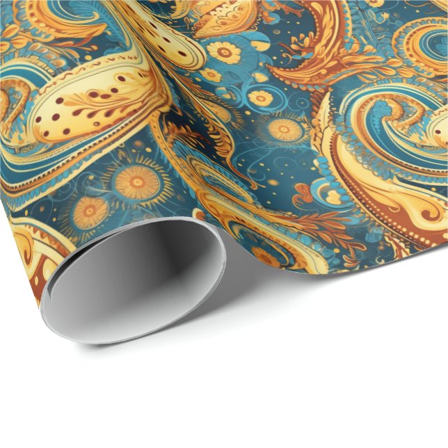 Paisley Golden Flower Abstrakt Mönster 1 Presentpapper (Rullad Hörn)