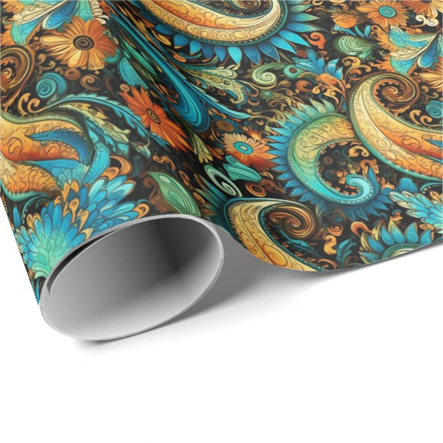 Paisley Golden Flower Abstrakt Mönster 7 Presentpapper (Rullad Hörn)