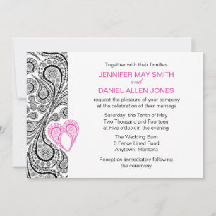Paisley Heart Shock rosa and Black Wedding bjudand Inbjudningar
