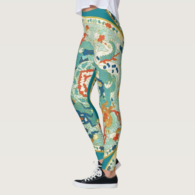 Paisley Horse Grönt Orange Blue Mönster Leggings (Vänster)