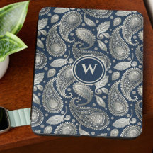 Paisley i marinblått och elegant silvermonogram
