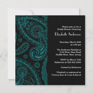 Paisley Inbjudningskort för möhippan Black & Turqu