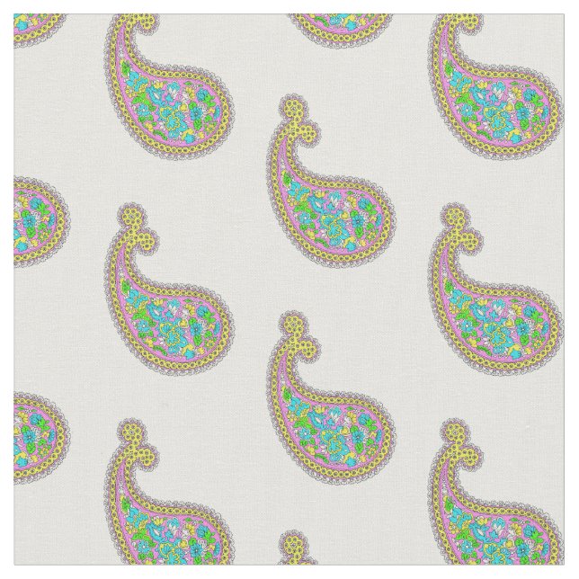 Paisley Mehndi Mönster Rosa Grönt Aqua Gult Tyg (Närbild)