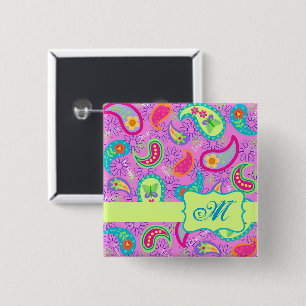 Paisley Monogram Magenta Rosa Grönt Modern Knapp