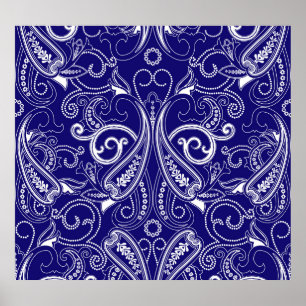 Paisley monokrom: blå, vit elegans. poster