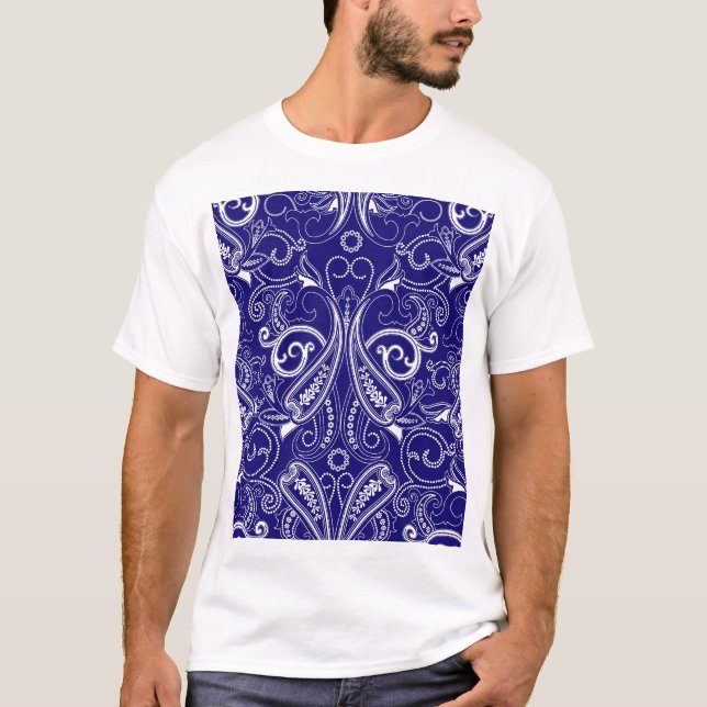 Paisley monokrom: blå, vit elegans. t shirt (Framsida)