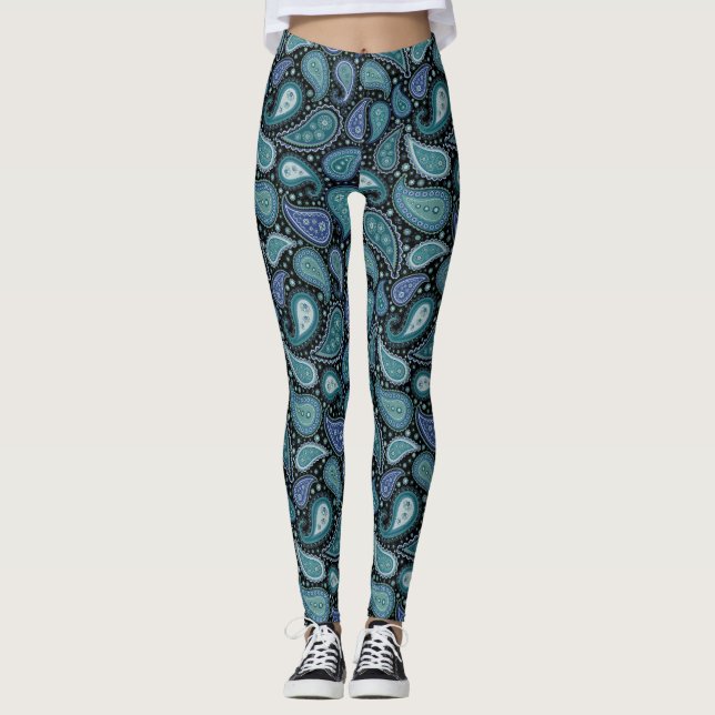 Paisley Mönster Abstrakt Shapes Navy Blue Leggings (Framsida)