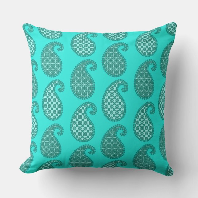 Paisley mönster, aqua och turkos utomhuskudde (Framsida)