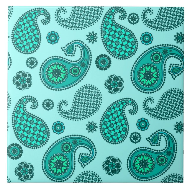 Paisley Mönster, Aqua och Turquise Kakelplatta (Framsidan)