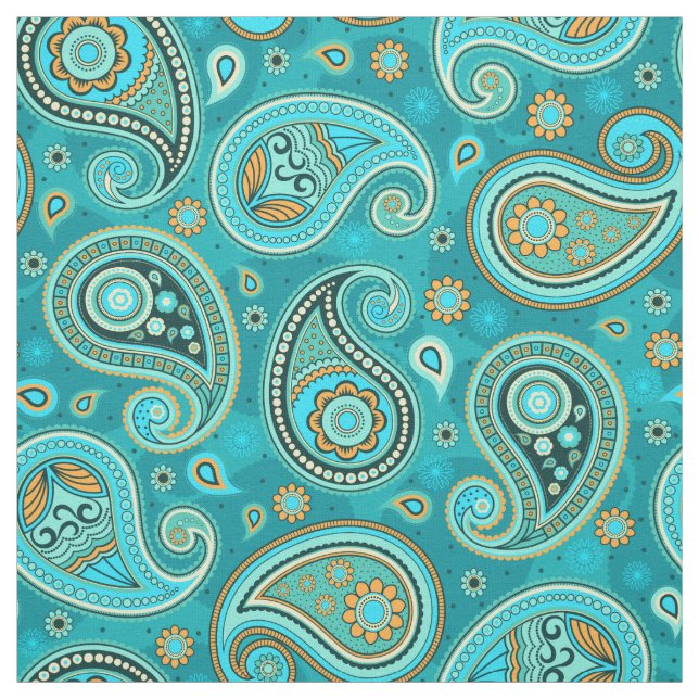 Paisley mönster blå teal orange färg tyg (Provkarta)