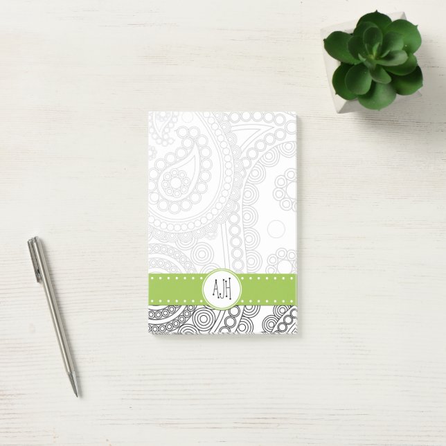 Paisley Mönster, Black and White, Monogram Post-it Block (Kontor)