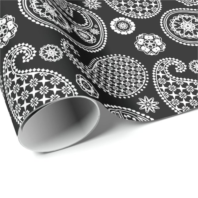 Paisley mönster, Black and White Presentpapper (Rullad Hörn)