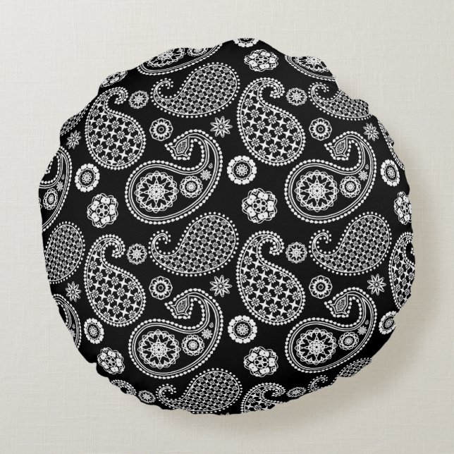 Paisley mönster, Black and White Rund Kudde (Baksidan)