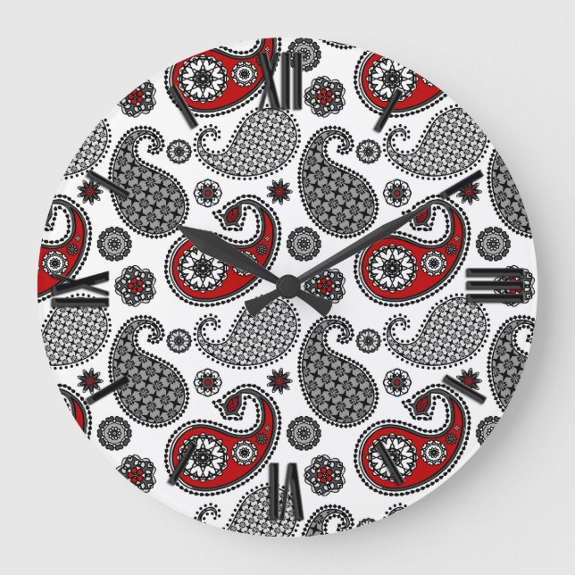 Paisley mönster, Black, White och Red Stor Klocka (Framsida)