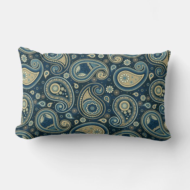 Paisley mönster blue teal guld elegant lumbarkudde (Framsida)