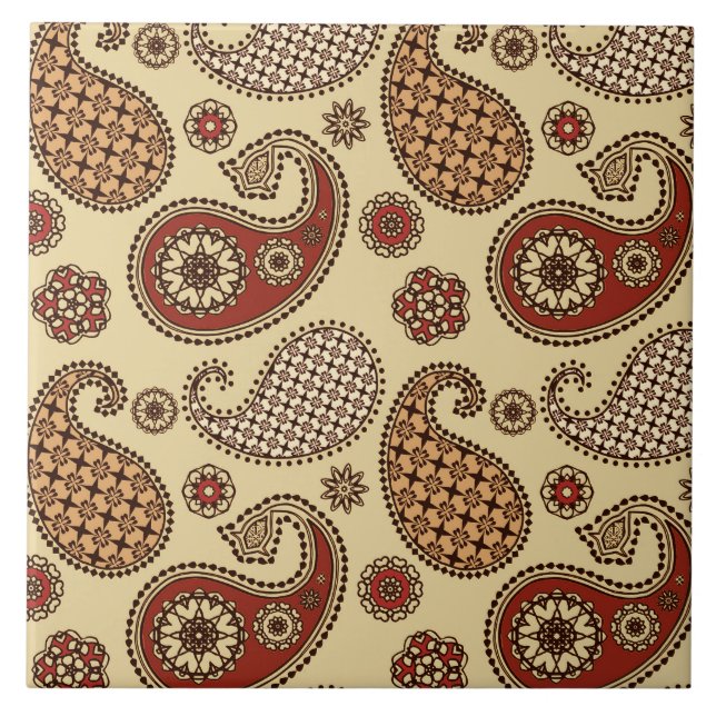 Paisley mönster, brun, brun och beige kakelplatta (Framsidan)