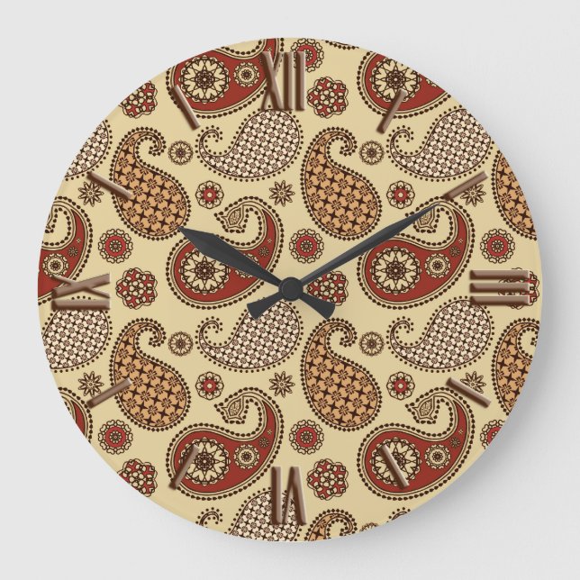 Paisley mönster, brun, brun och beige stor klocka (Framsida)