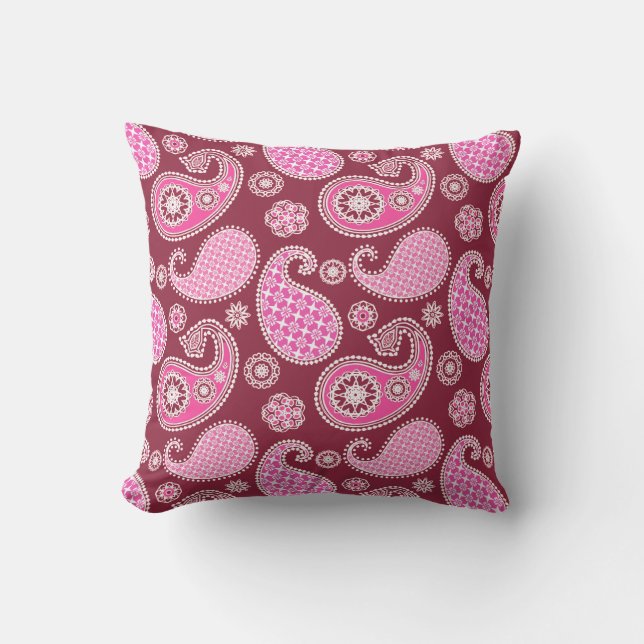 Paisley mönster, Burgundy, Rosa och vit Kudde (Framsida)
