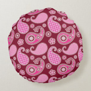 Paisley mönster, Burgundy, Rosa och vit Rund Kudde