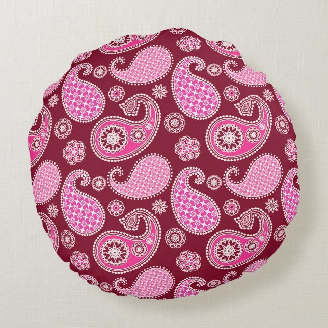 Paisley mönster, Burgundy, Rosa och vit Rund Kudde (Baksidan)