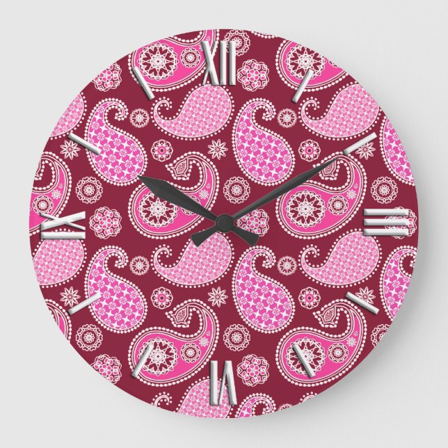 Paisley mönster, Burgundy, Rosa och vit Stor Klocka (Framsida)