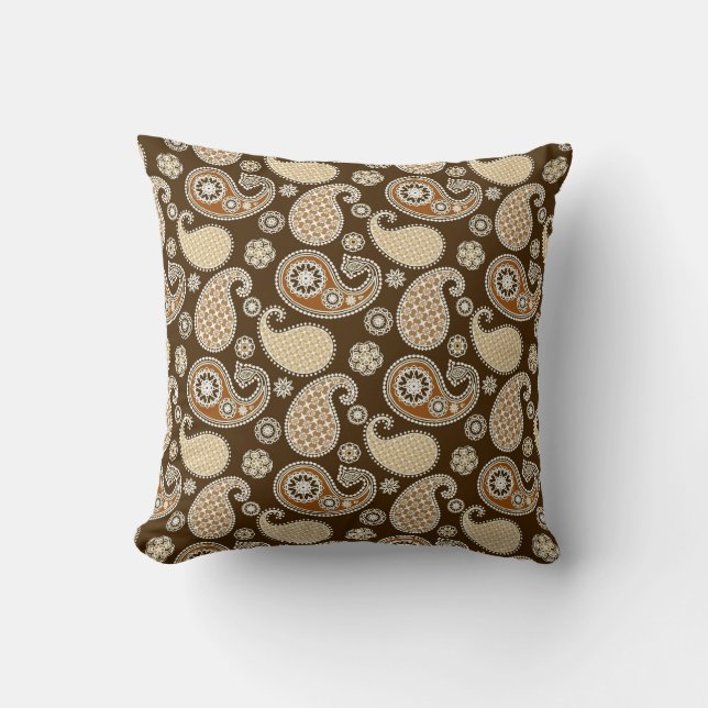 Paisley Mönster, Chocolate Brown och Tan Kudde (Framsida)