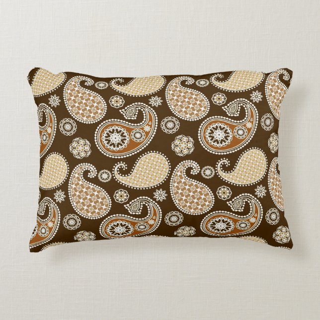 Paisley mönster, Chocolate Brown och Tan Prydnadskudde (Framsidan)