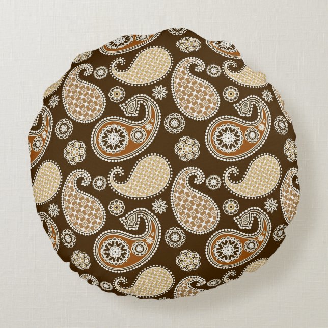 Paisley mönster, Chocolate Brown och Tan Rund Kudde (Baksidan)